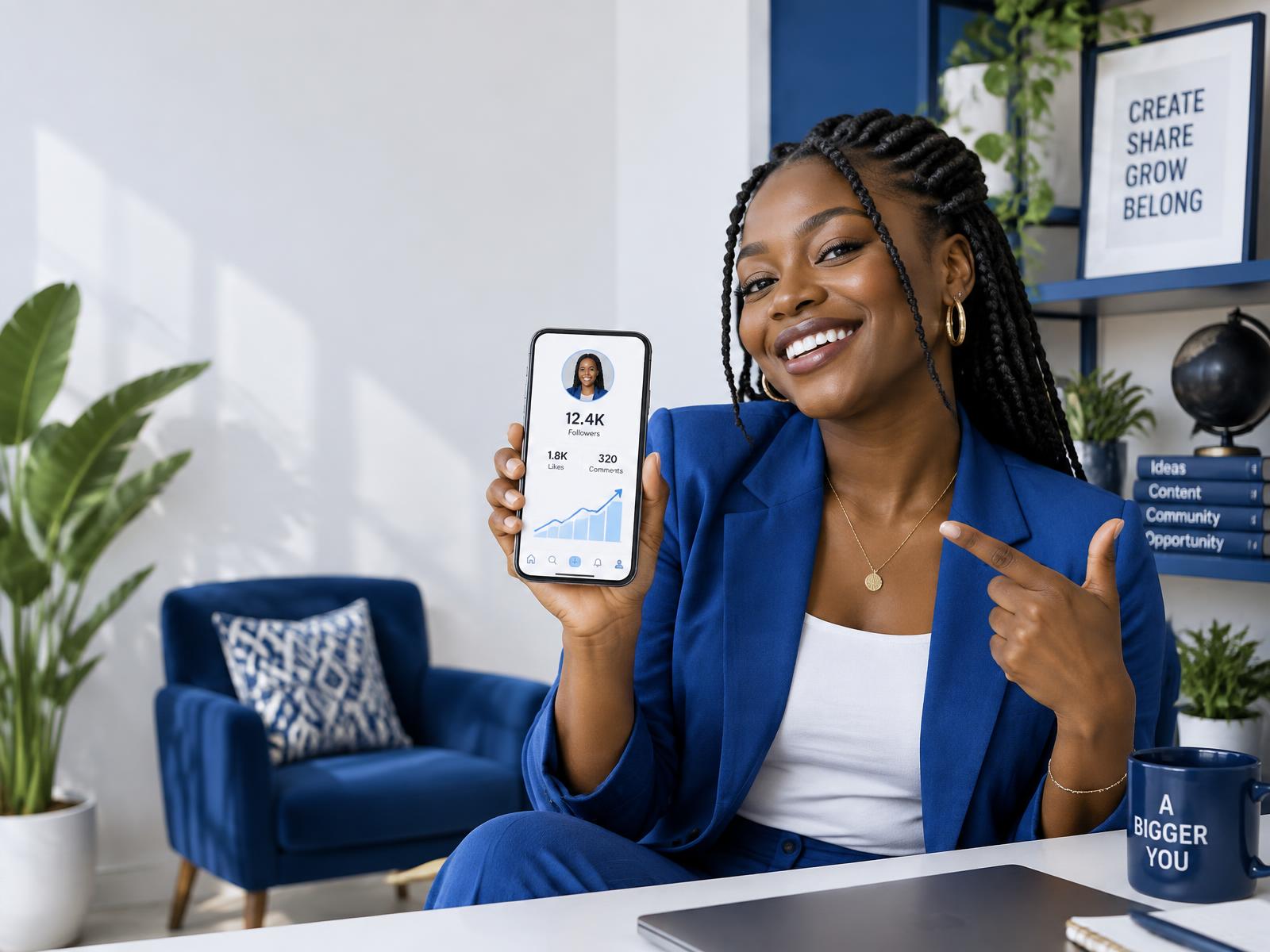 Créatrice souriante voyant ses abonnés augmenter sur son téléphone